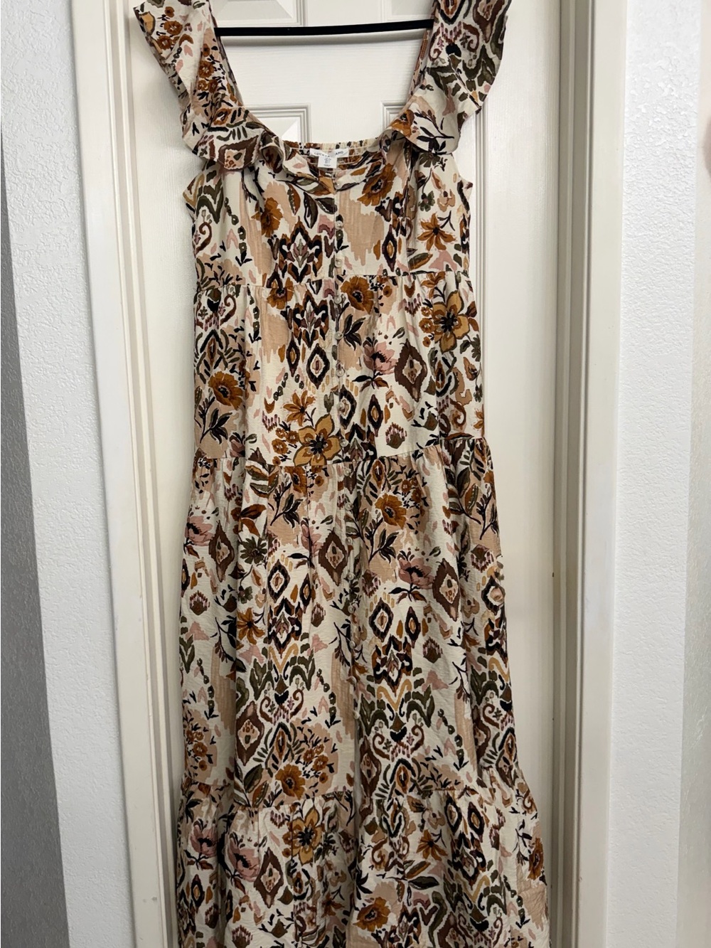 7167 Lucky Brand Bohemian Floral Tiered Maxi Dress in Cream, Beige Brown Size L